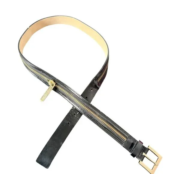 Michael Kors Black Leather Belt Gold Buckle Zipper Detail Women Size L FLAW - Picture 1 of 12